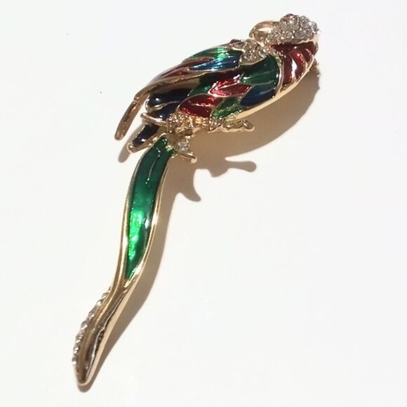 Vintage Gold Tone Red Green Enamel and Pave Rhinestone Tropical Bird Brooch - Picture 5 of 6